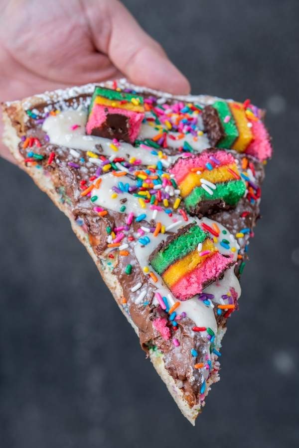 Brother Bruno rainbow cookie dessert pizza with cookies and sprinkles